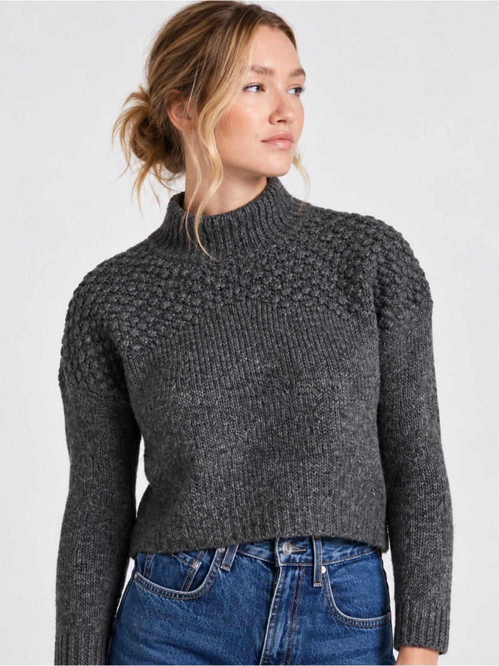Free People Bradley Charcoal Textured Mock Neck Cropped Sweater Medium